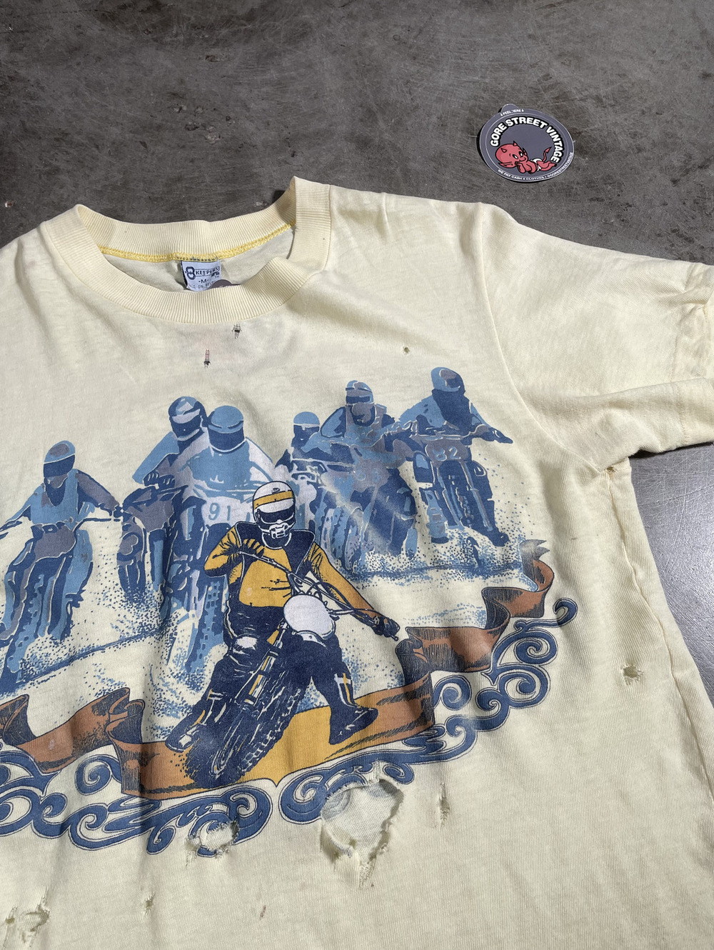 Vintage 70s Faded Yellow Dirtbike Tee M 19x25 Distressed150